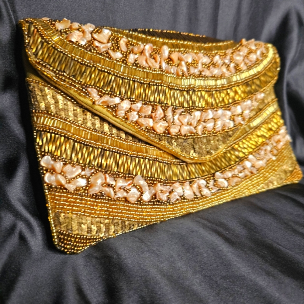 Sfera Femme Gold Beaded Clutch With Stone Accents